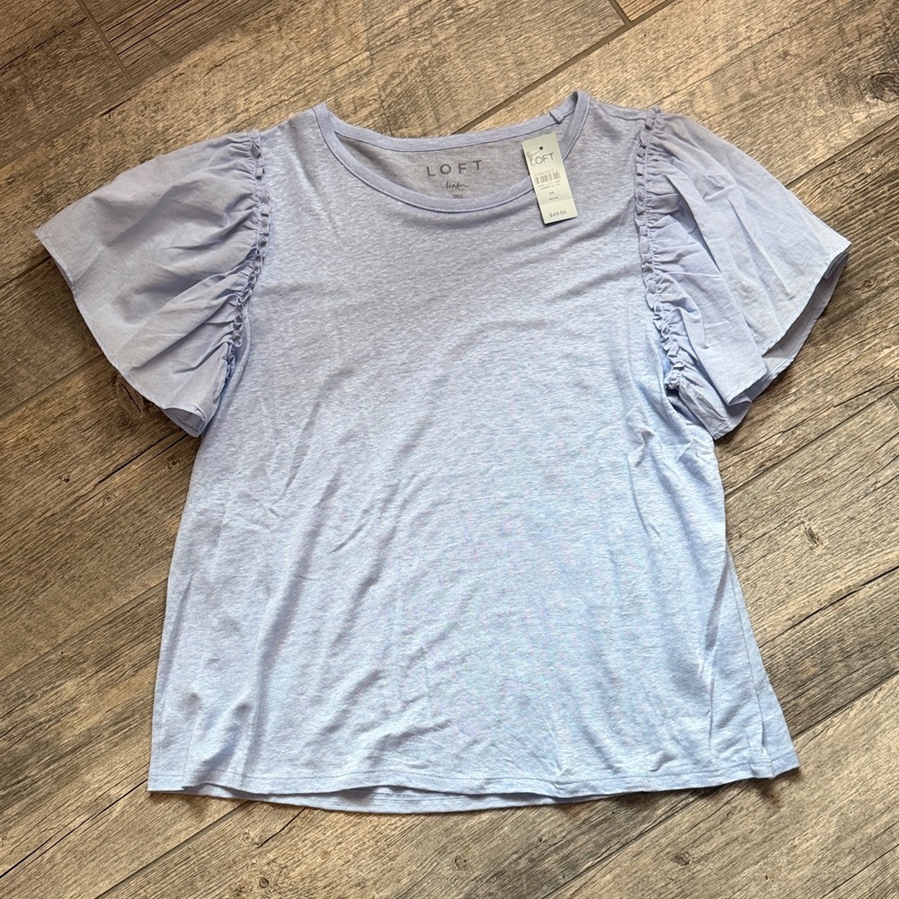LOFT NWT Women's Soft Blue Flutter Sleeve Linen Top
